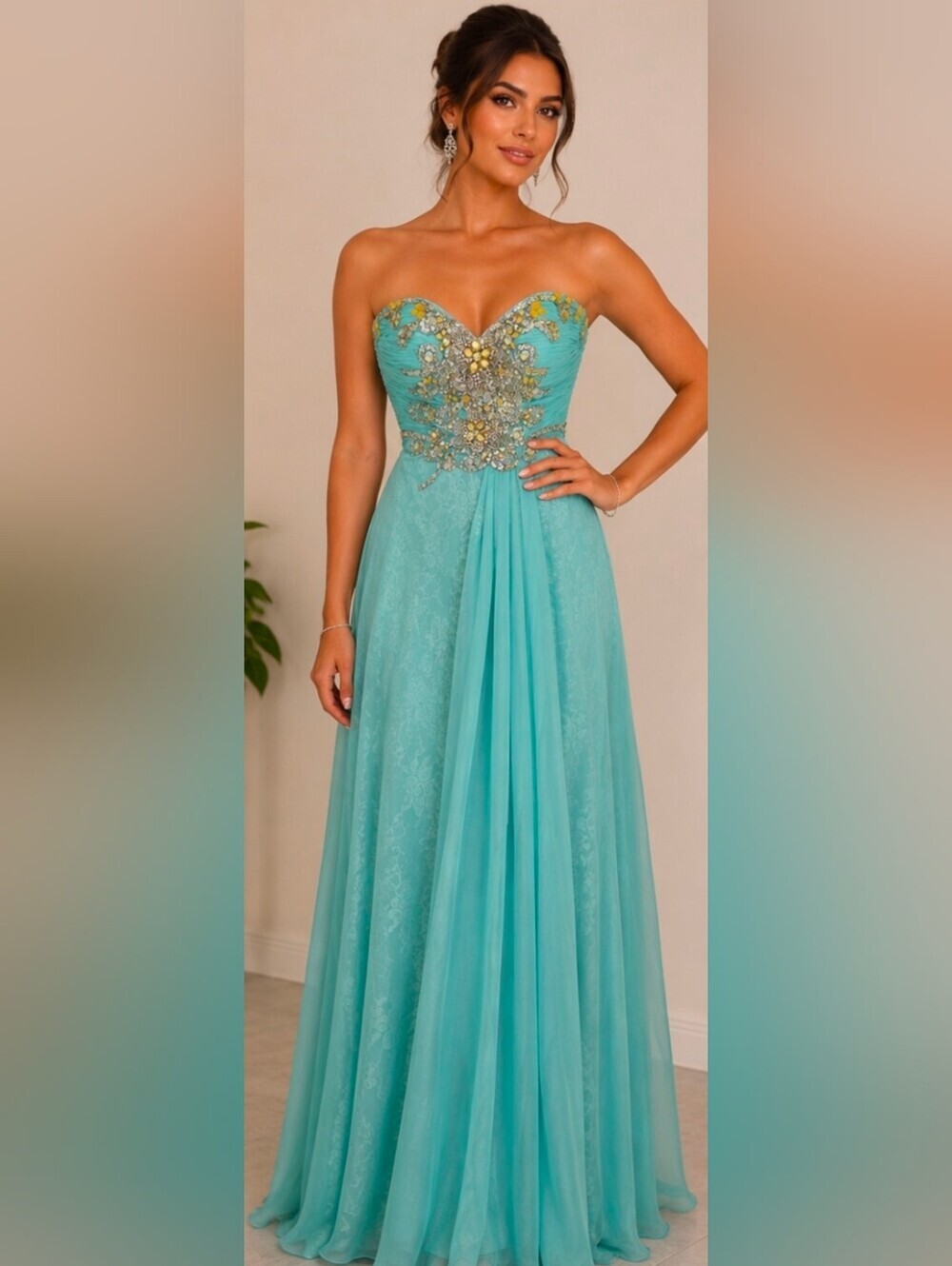 Temptations Turquoise Strapless Beaded Prom Gown